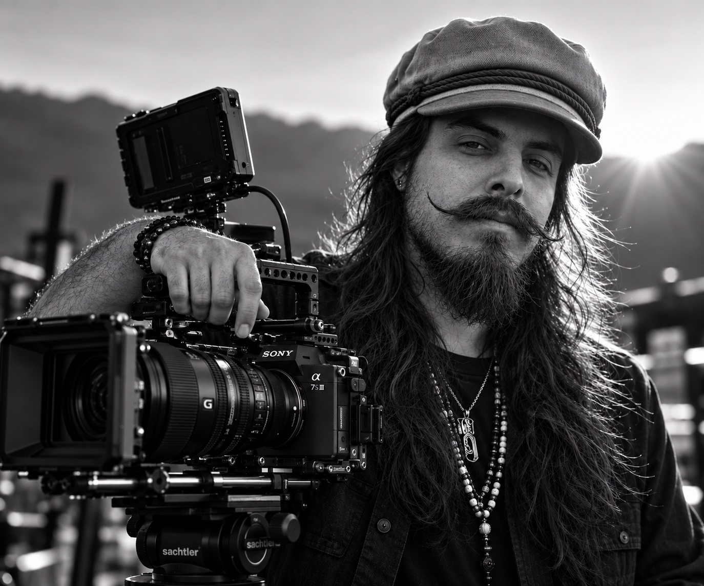 Daniel Hedrick operating a cinema camera on set